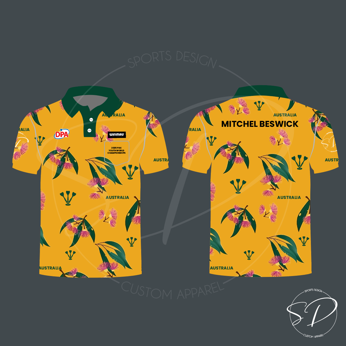 Yellow polo shirt with floral pattern and 'Mitchell Beswick' text on a dark background